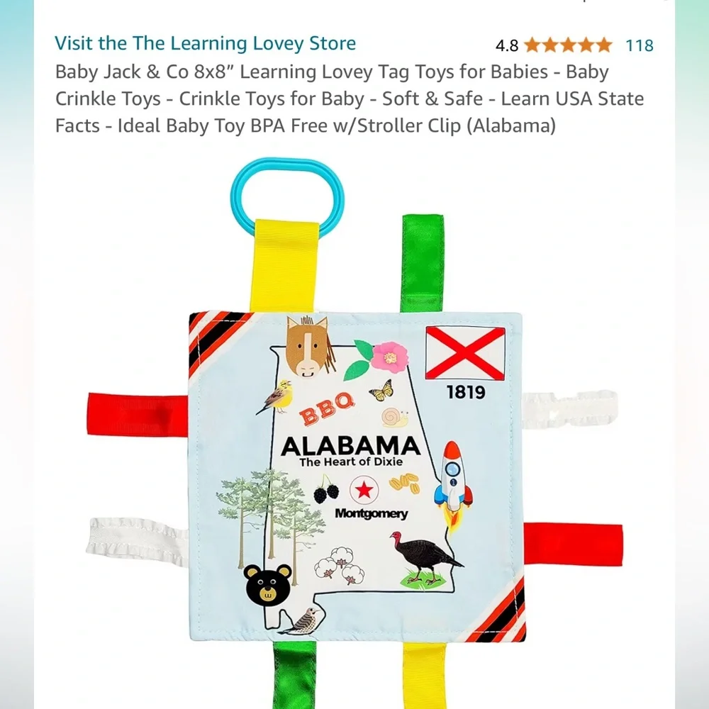 Baby Jack & Co 8x8” Learning Lovey Tag Toys for Babies -‎ Alabama